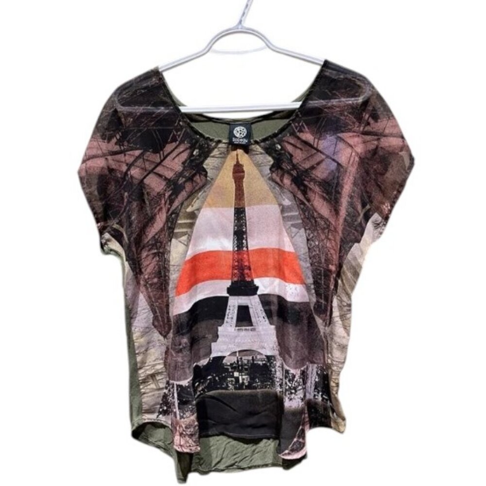 Bobeau Paris Eiffel Tower print blouse size L